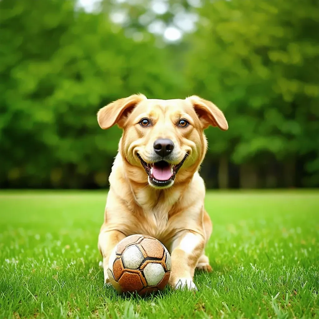 A happy dog playing with a ball