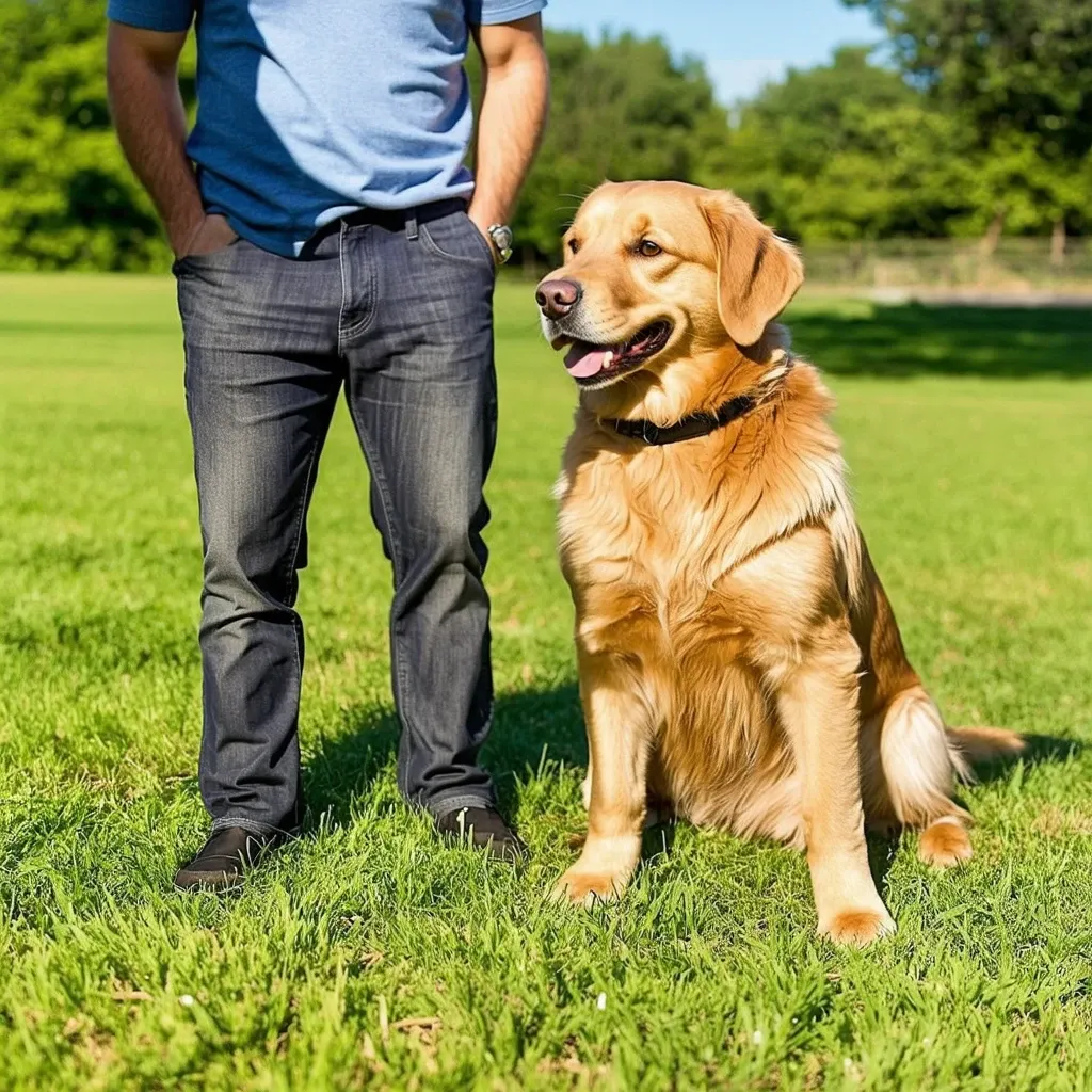 A happy dog sitting next to its owner