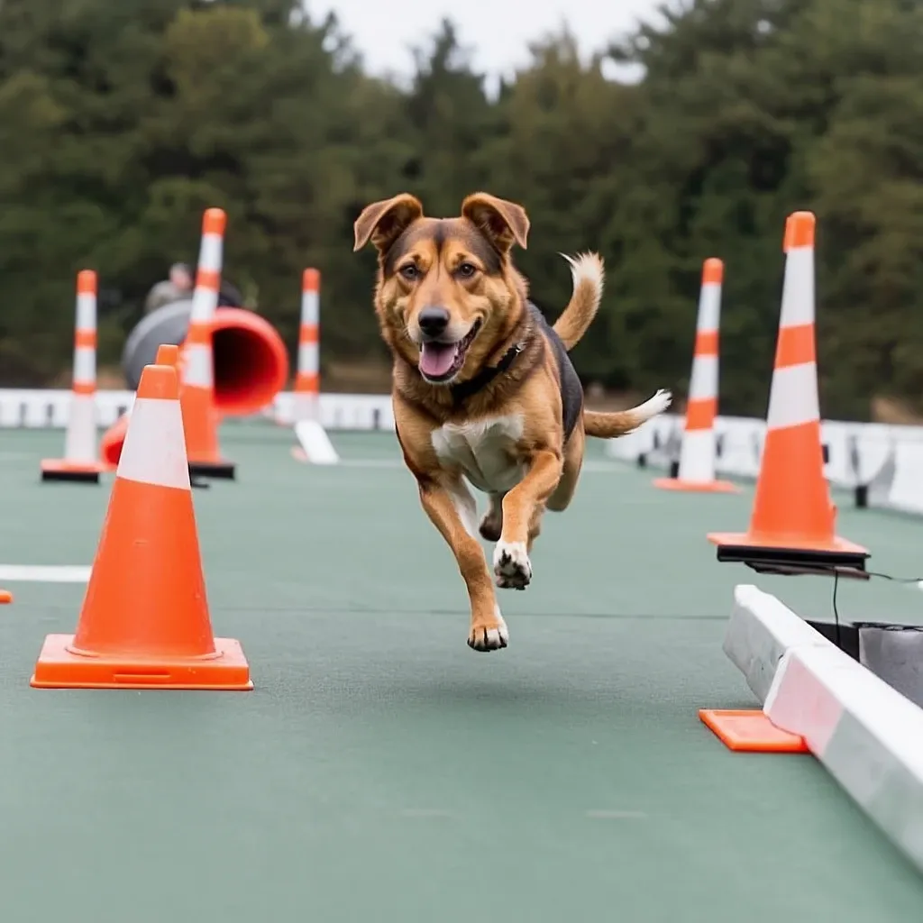 Dog performing obstacle course