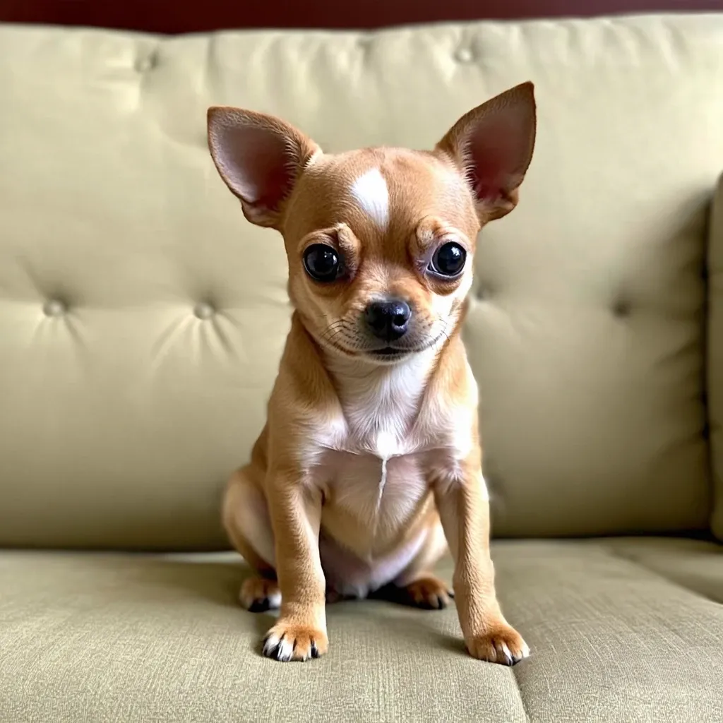 Chihuahua sitting on a couch, looking intelligent