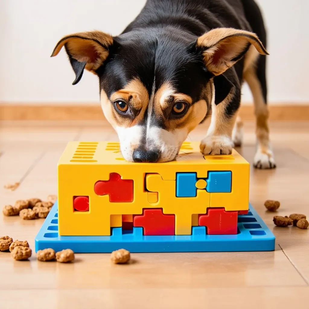 A dog solving a puzzle