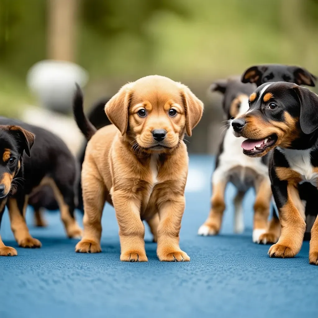 A well-socialized puppy playing with other dogs