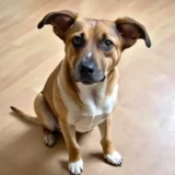 A photo of a dog sitting and looking up at its owner with a confused expression