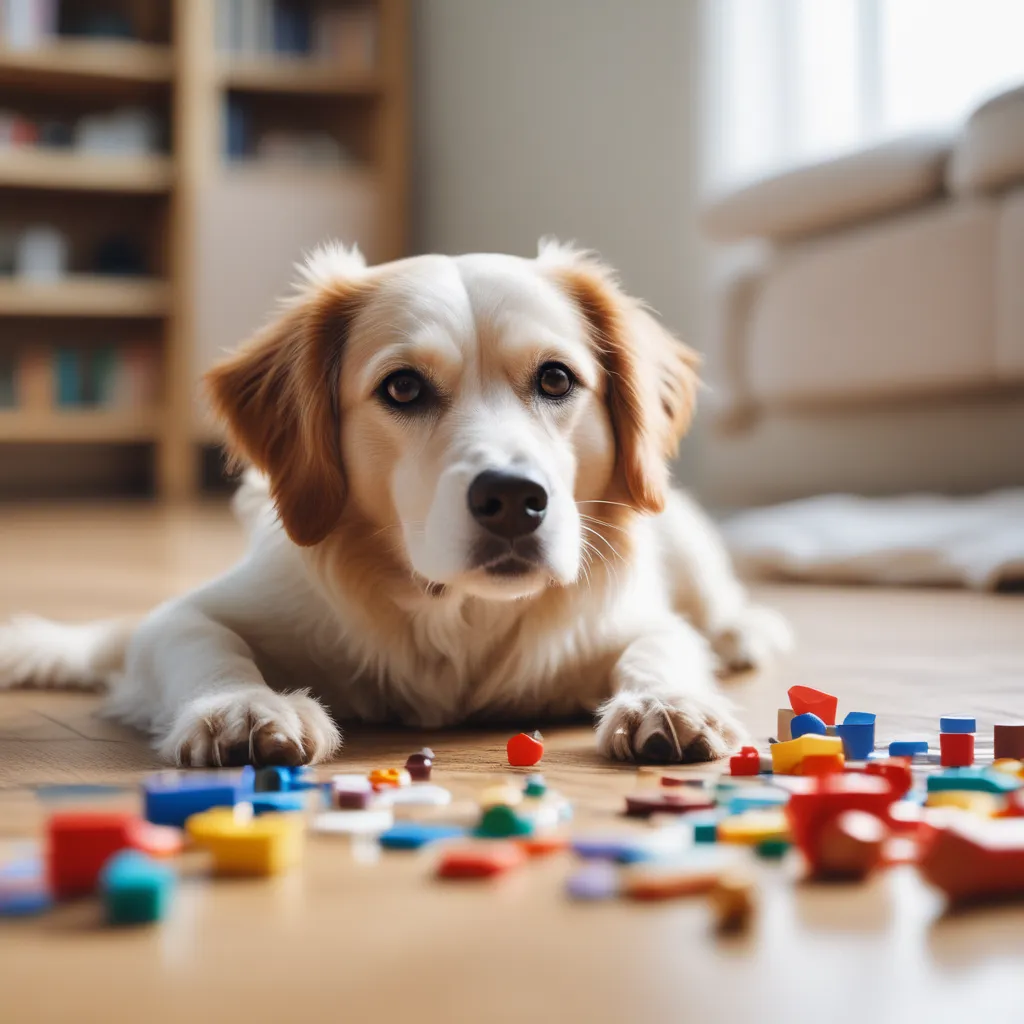 A dog sitting in front of a puzzle toy