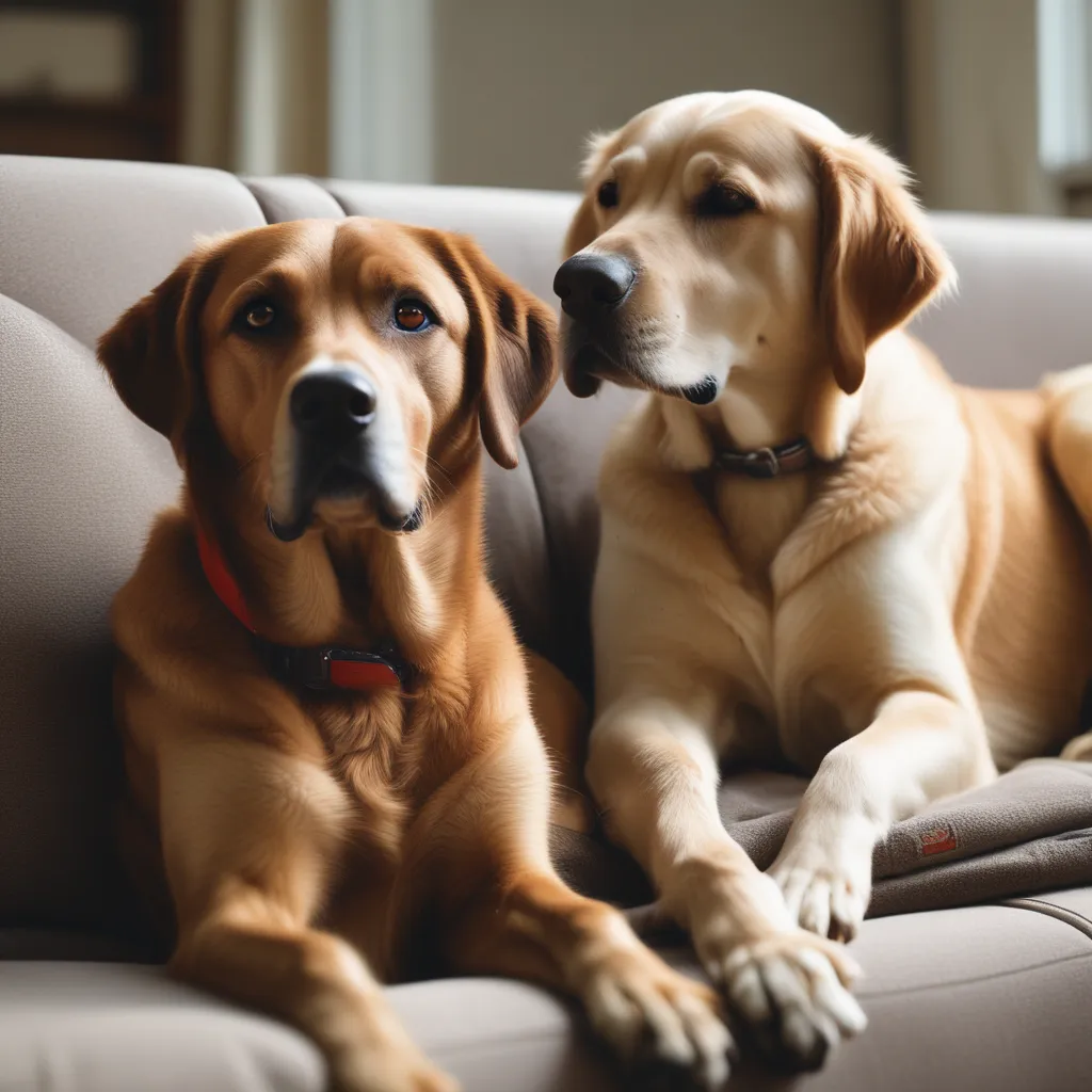 Labrador Retriever sitting on a couch with its owner