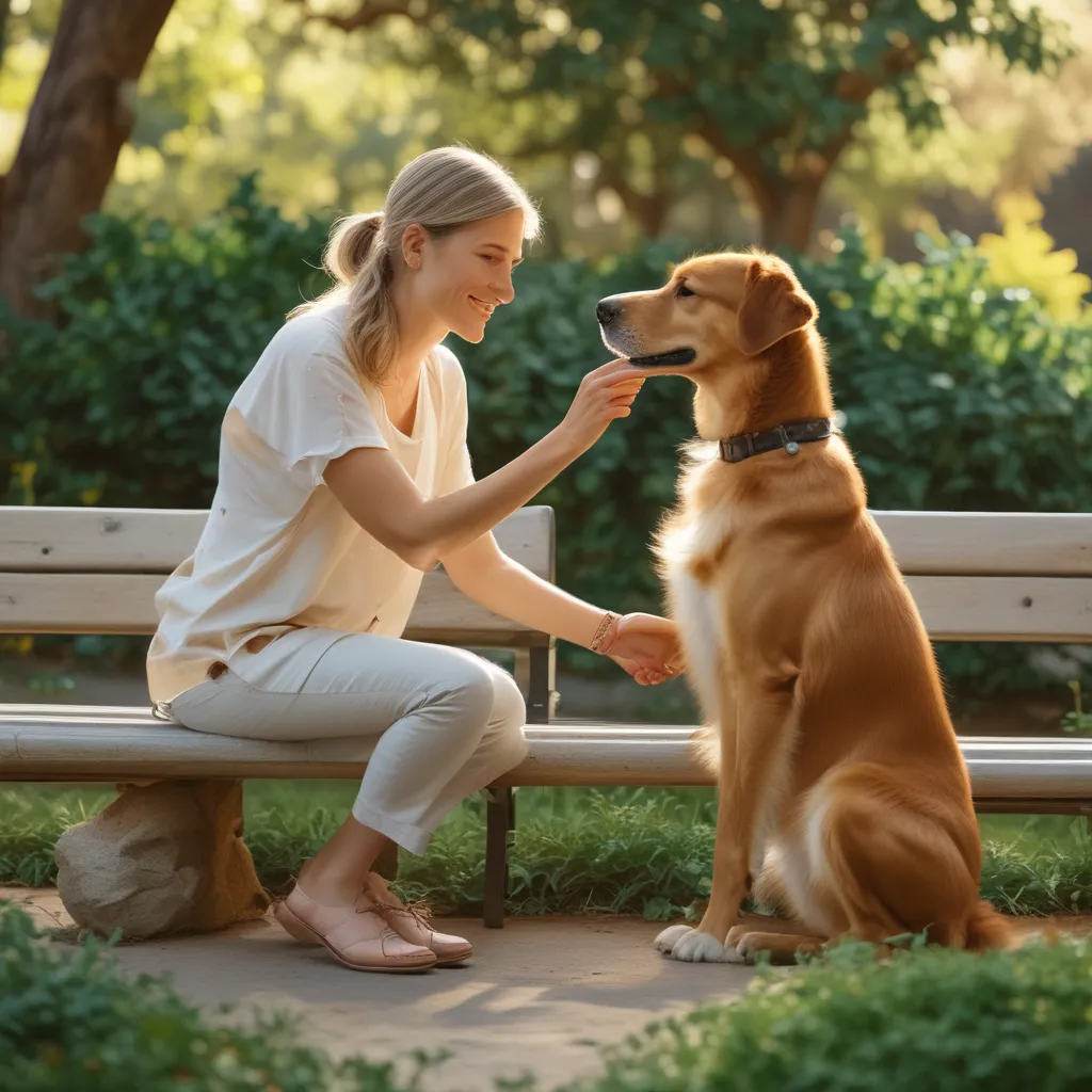 A happy dog sitting next to its owner