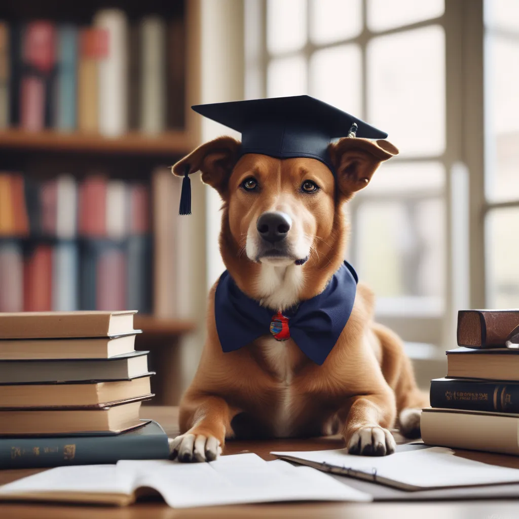 Image of a dog sitting at a desk with a graduation cap