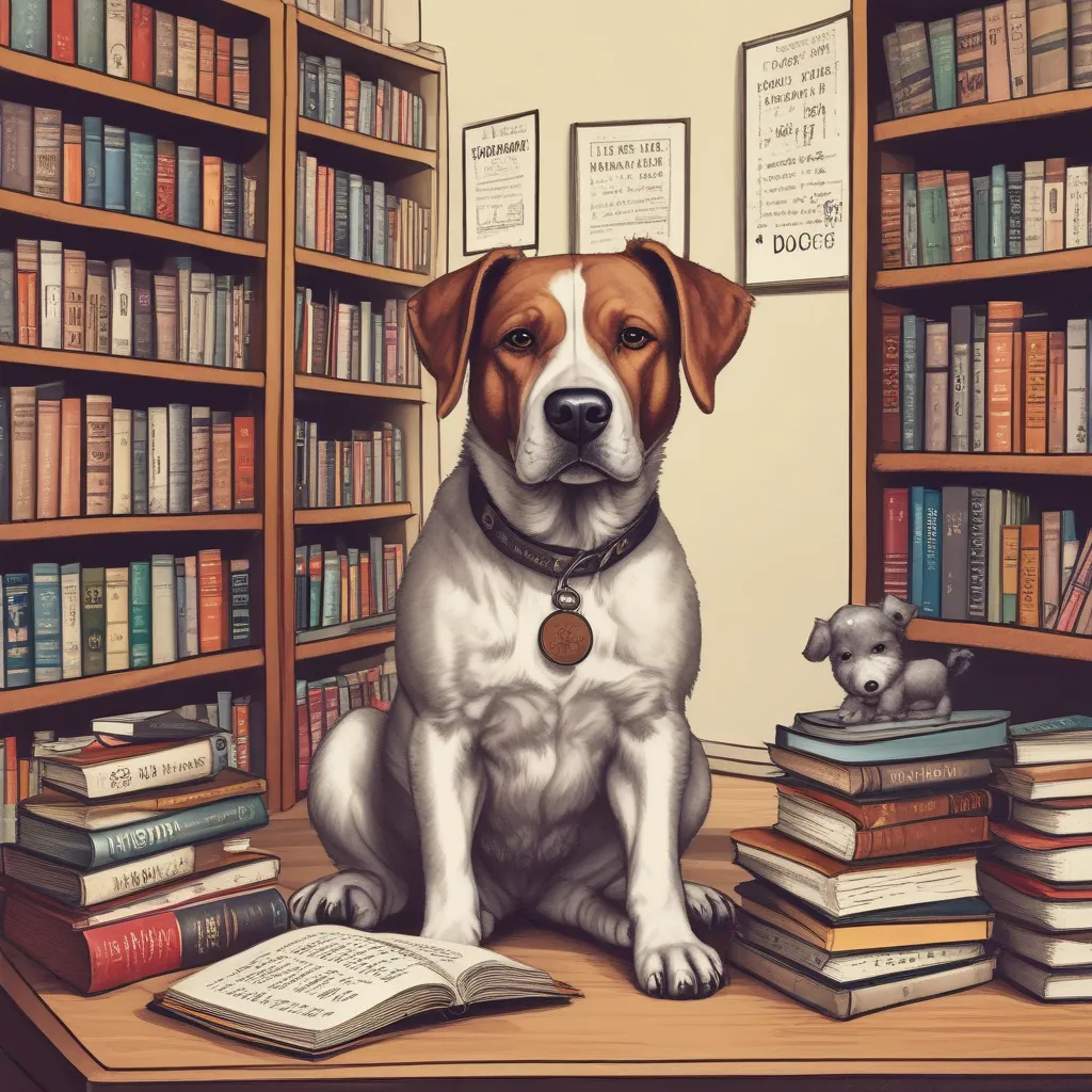 A dog sitting in front of a bookshelf, surrounded by books on dog intelligence