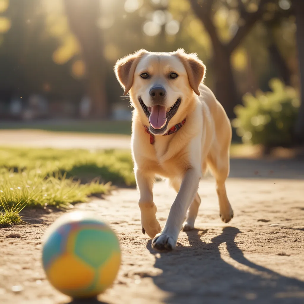 A happy Labrador Retriever playing with a ball