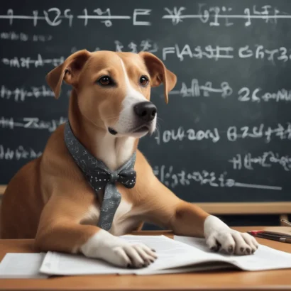 A dog sitting in front of a blackboard with math equations