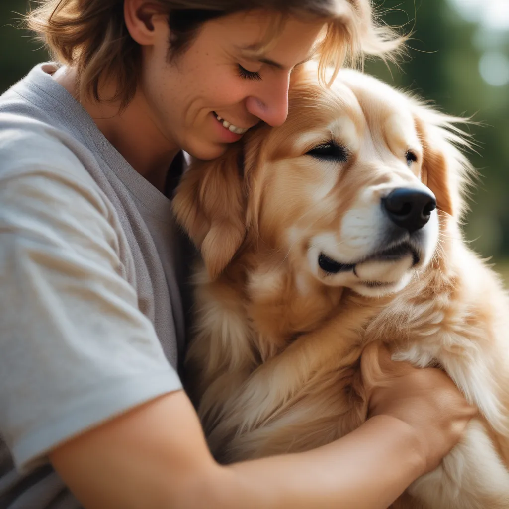 A photo of a loving dog breed, such as a Labrador Retriever or Golden Retriever, cuddling with its owner