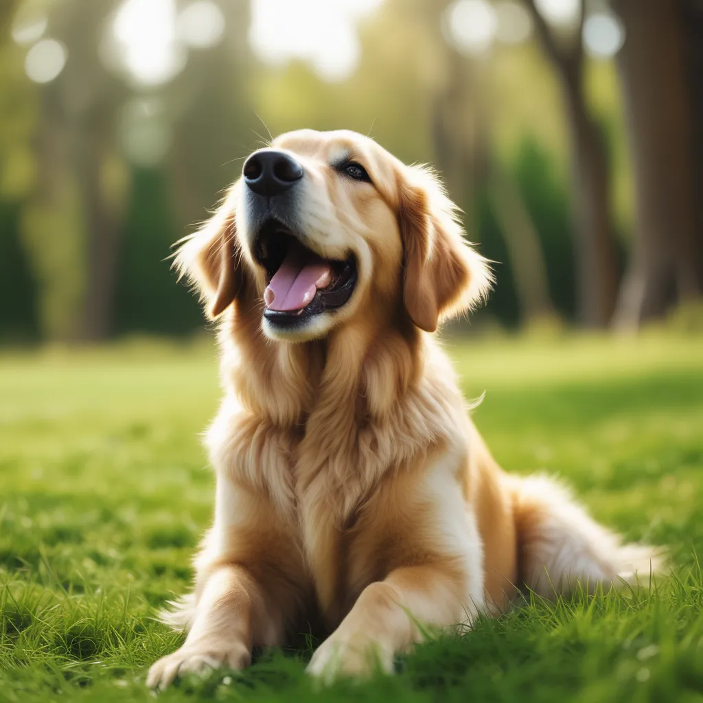 Golden Retriever sitting on a green grass