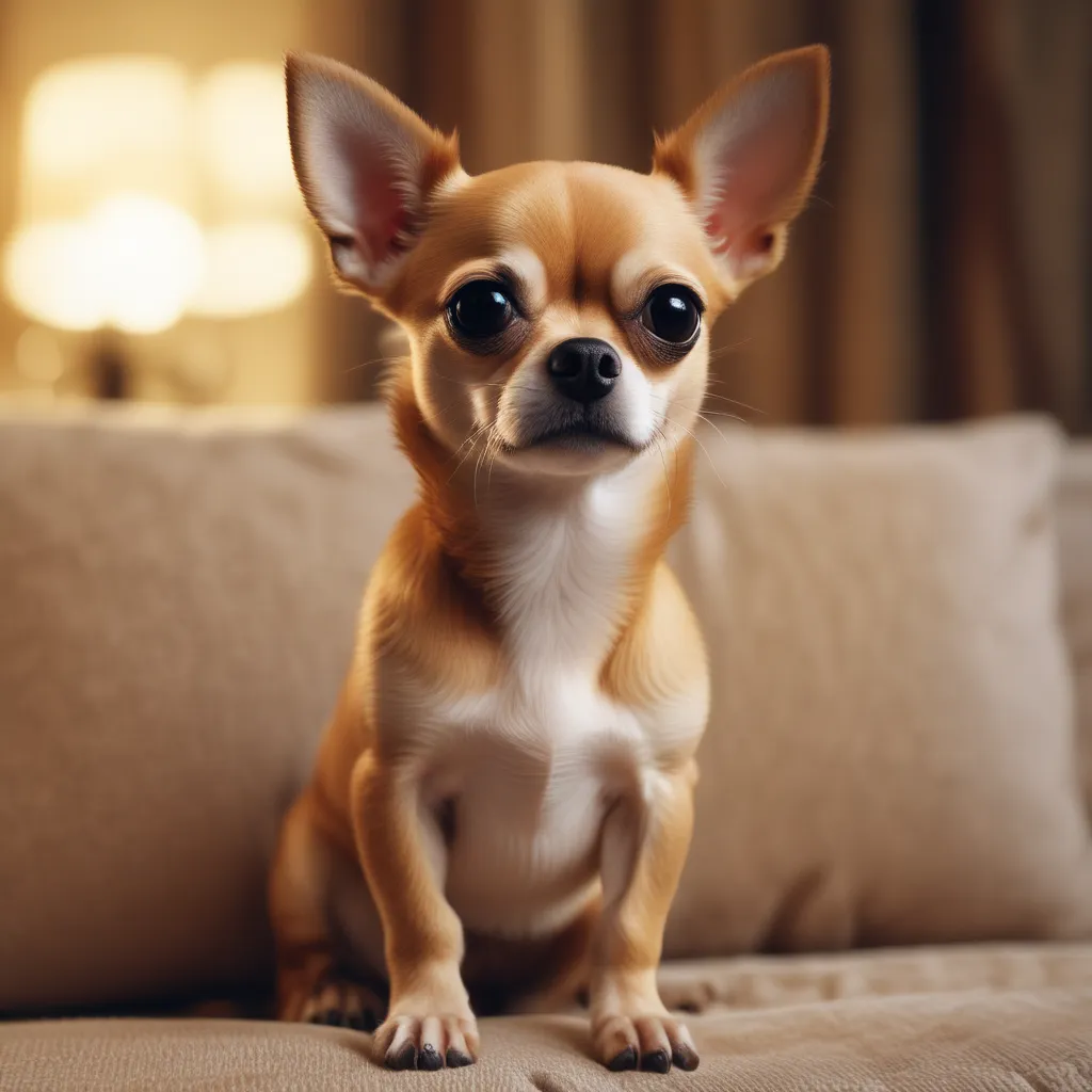 Chihuahua sitting on a couch, looking intelligent