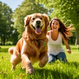 A happy dog playing with its owner