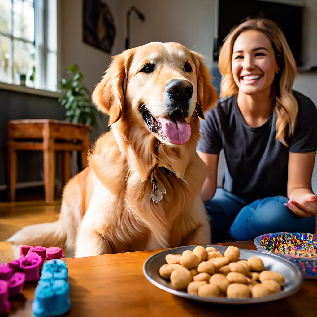 A happy Golden Retriever sitting on command