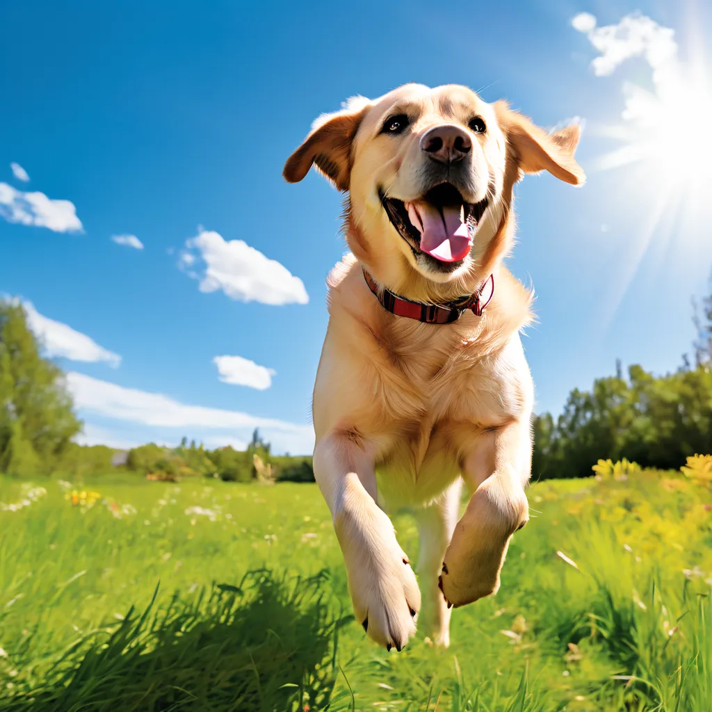 A happy Labrador Retriever running in a park