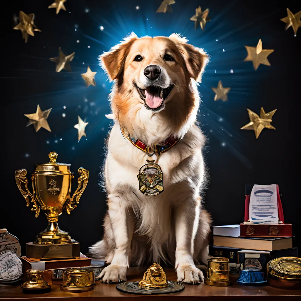 A happy dog with a trophy