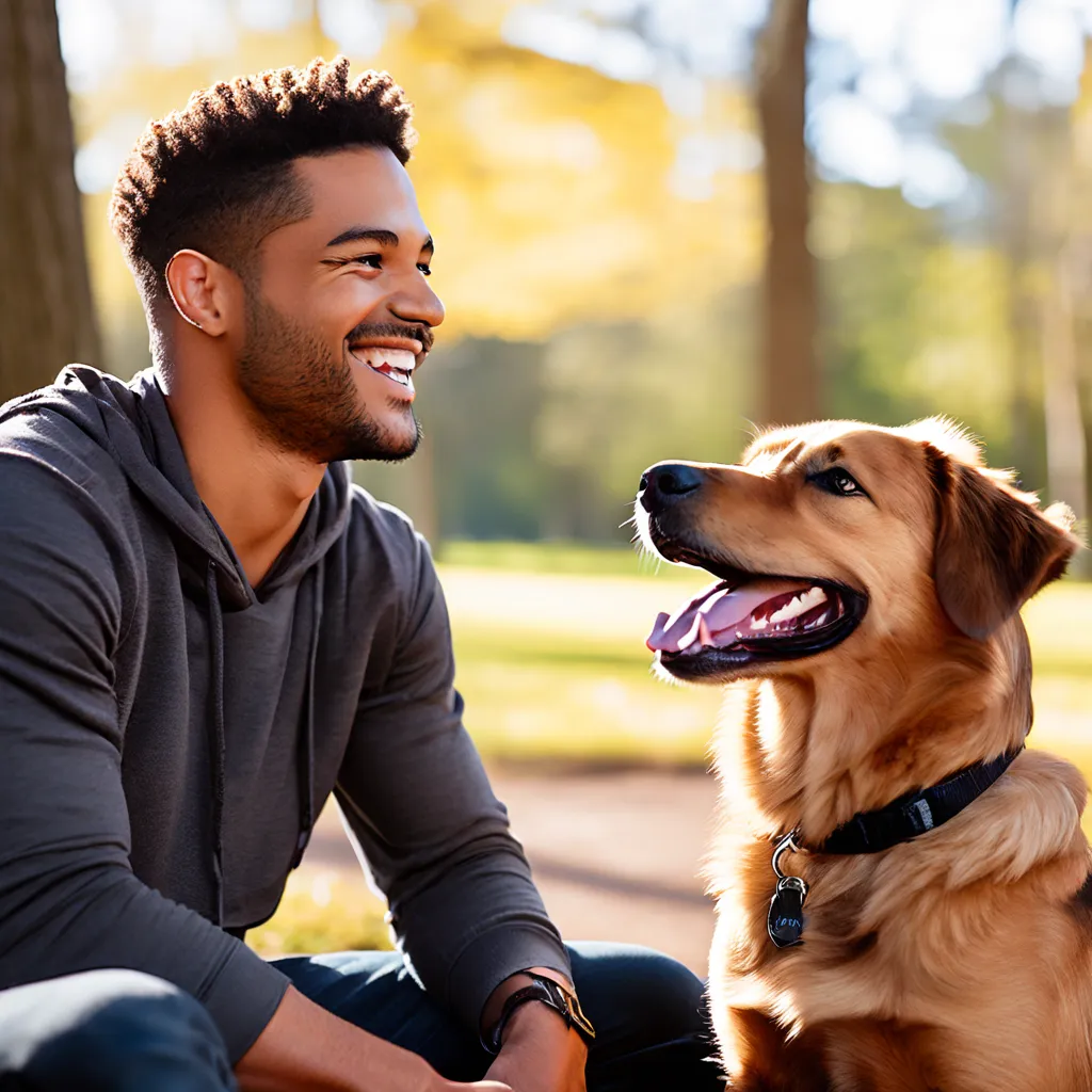 A happy dog sitting next to its owner