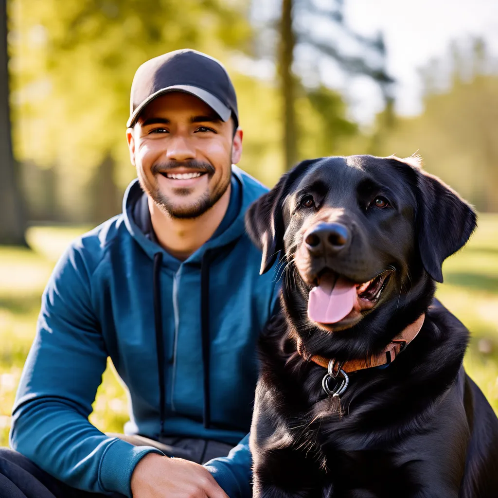 A photo of a happy Labrador Retriever sitting next to its owner