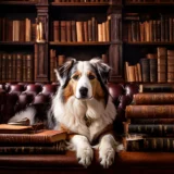 A dog sitting on a couch, looking intelligent