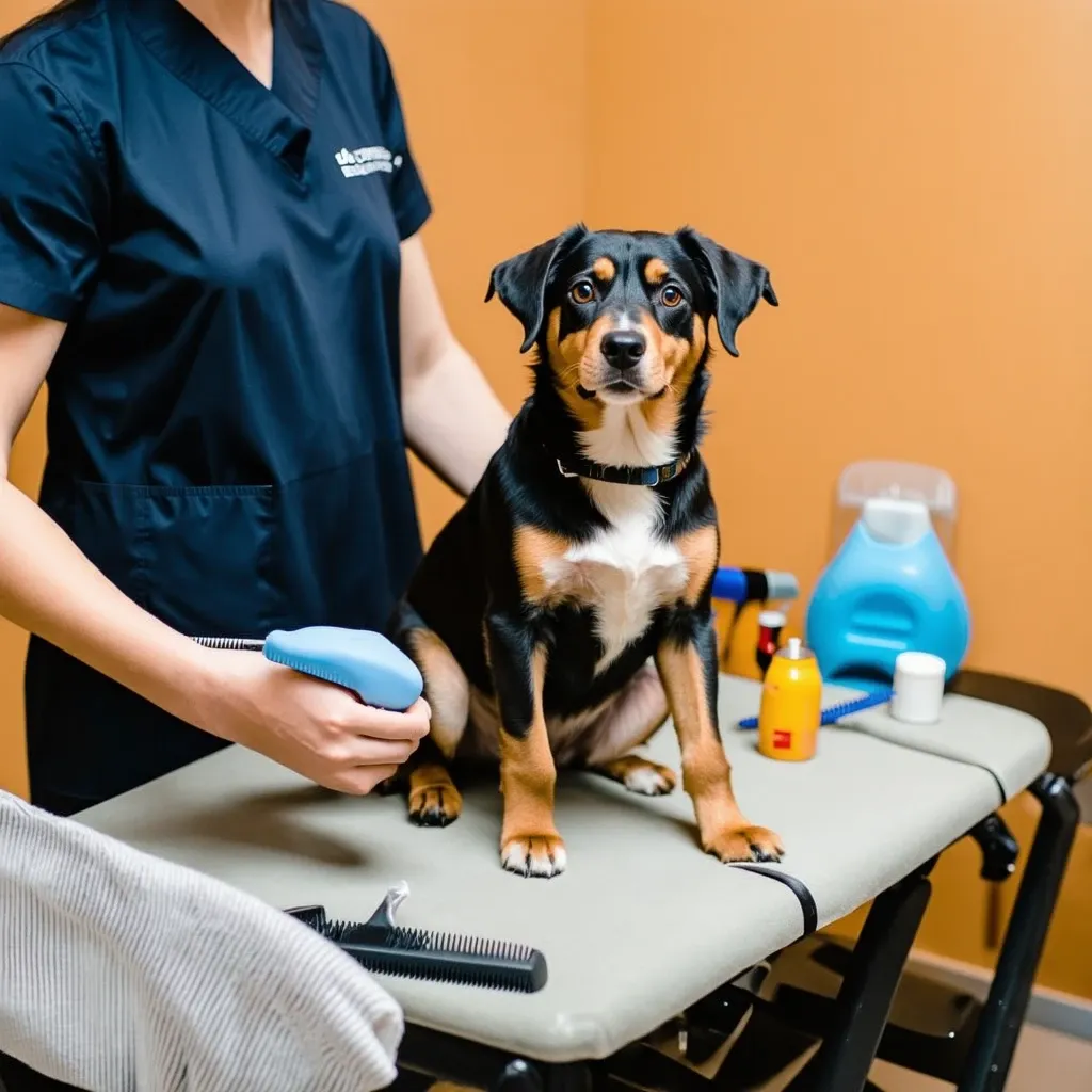 A dog getting groomed at a salon