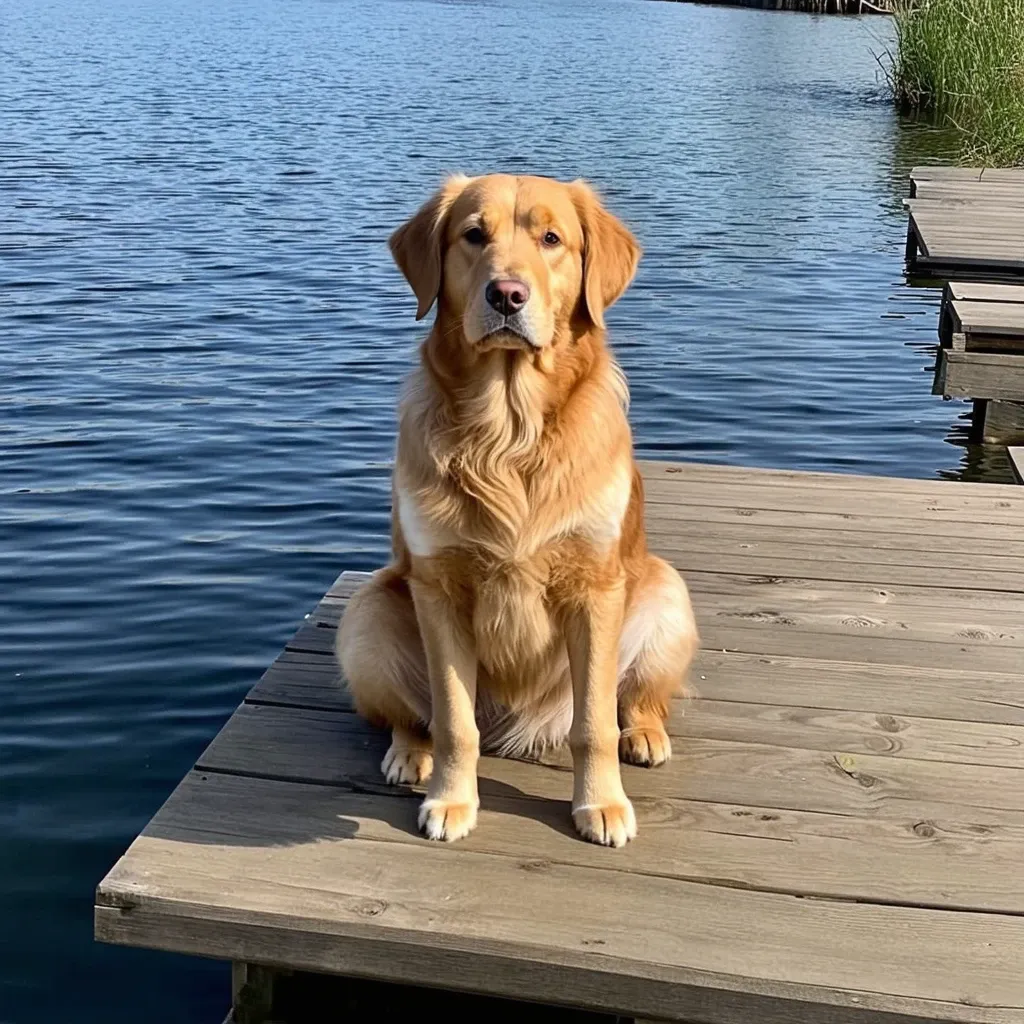 Golden Retriever sitting on a dock