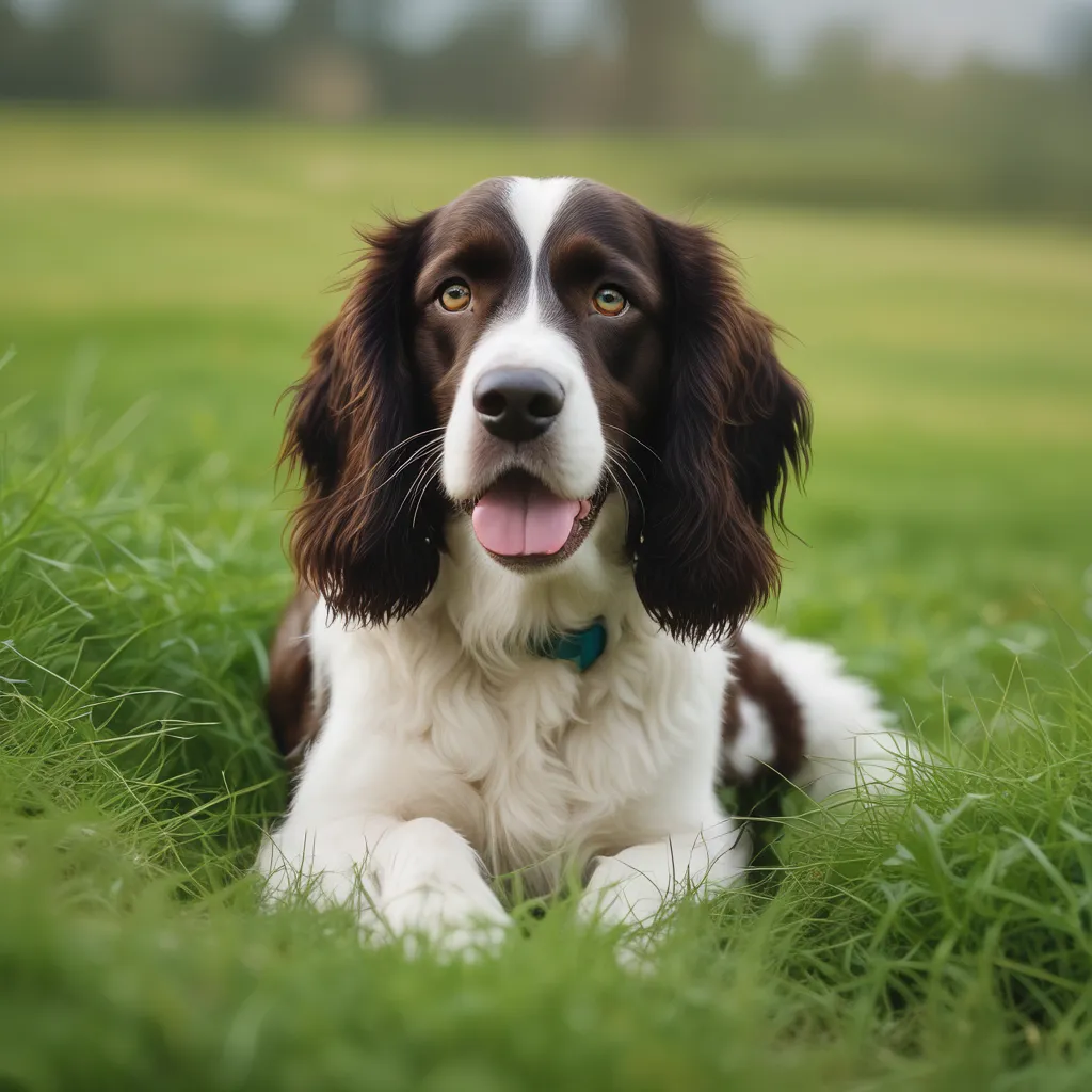 A Springer Spaniel sitting in a field, looking happy and energetic.