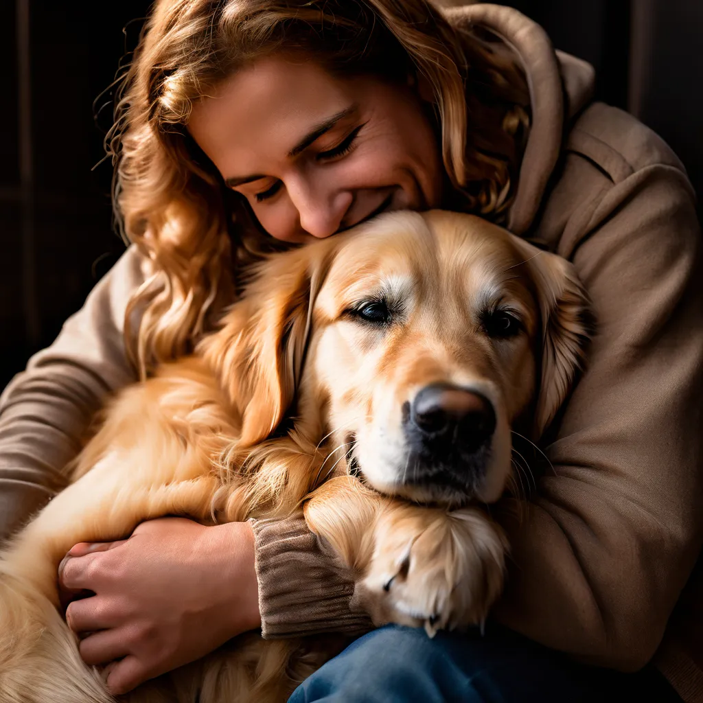 Golden Retriever cuddling with its owner