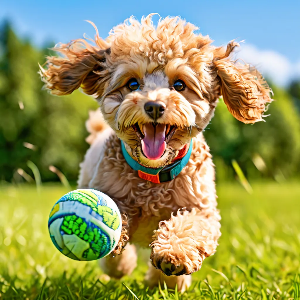 Poodle playing with a ball