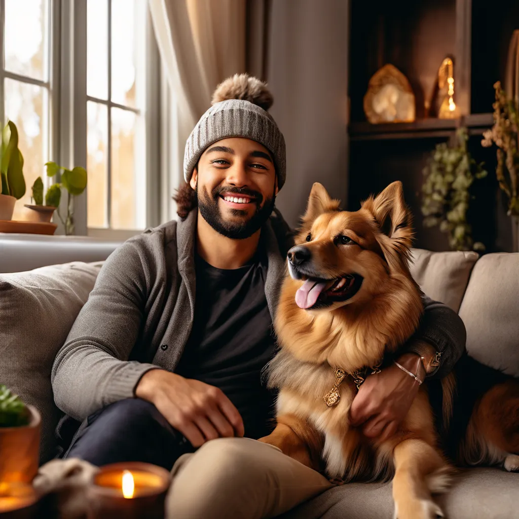 A [breed name] sitting on a couch with its owner