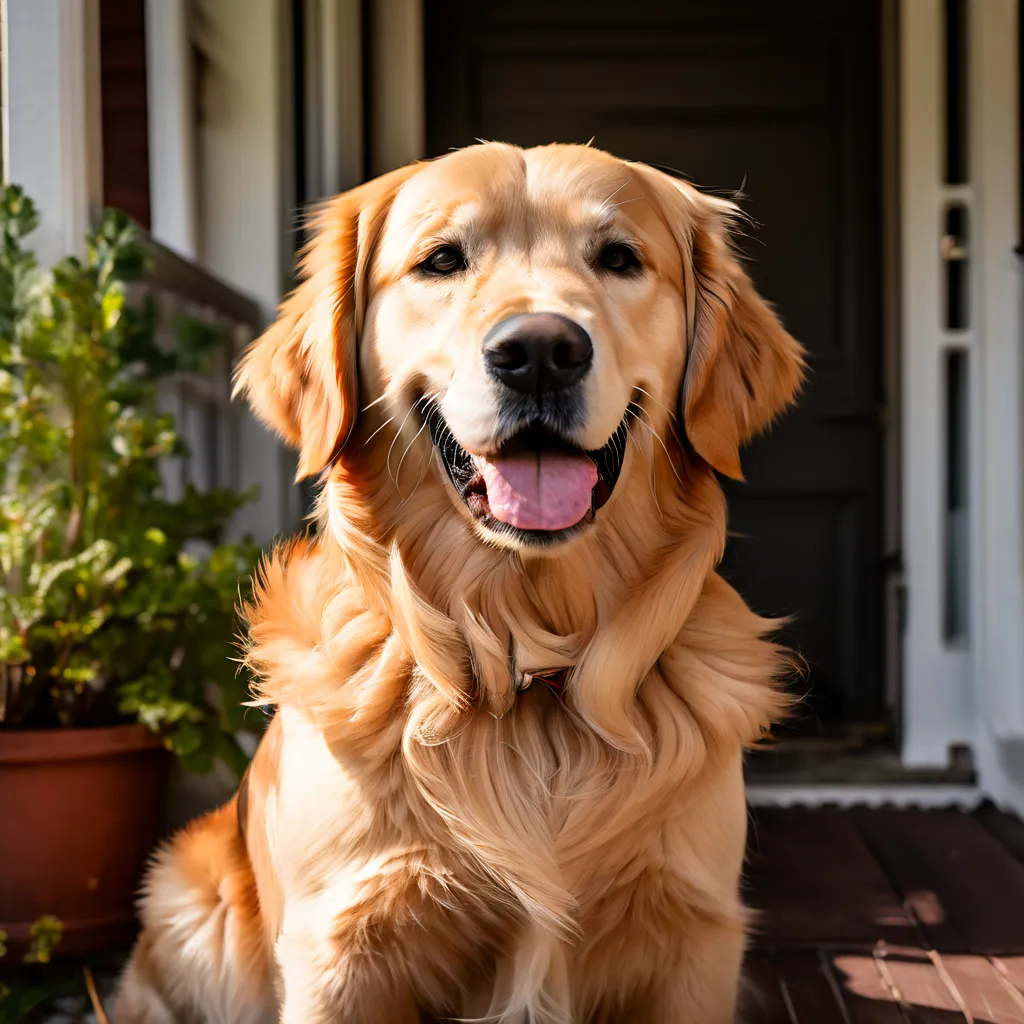 A Golden Retriever sitting on a porch, looking friendly and loyal.