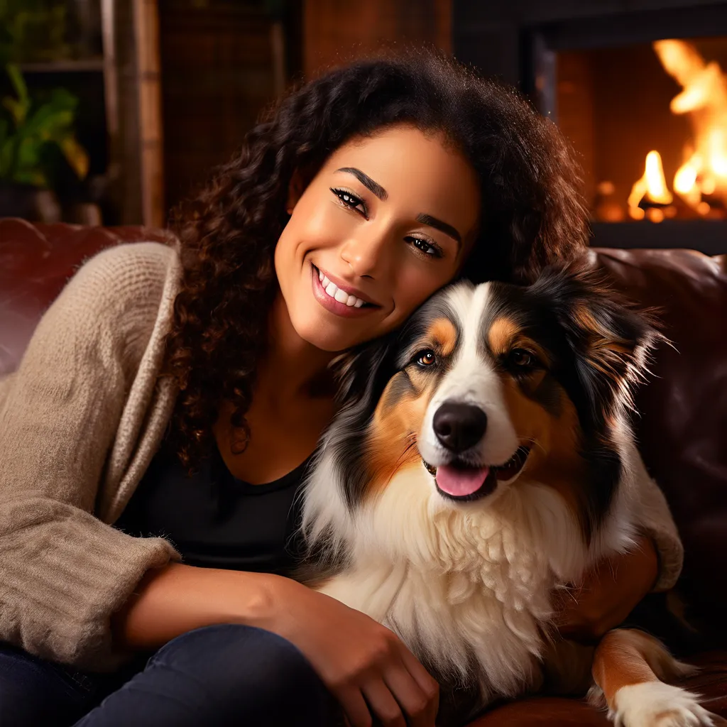 Image of a dog and its owner cuddling on the couch