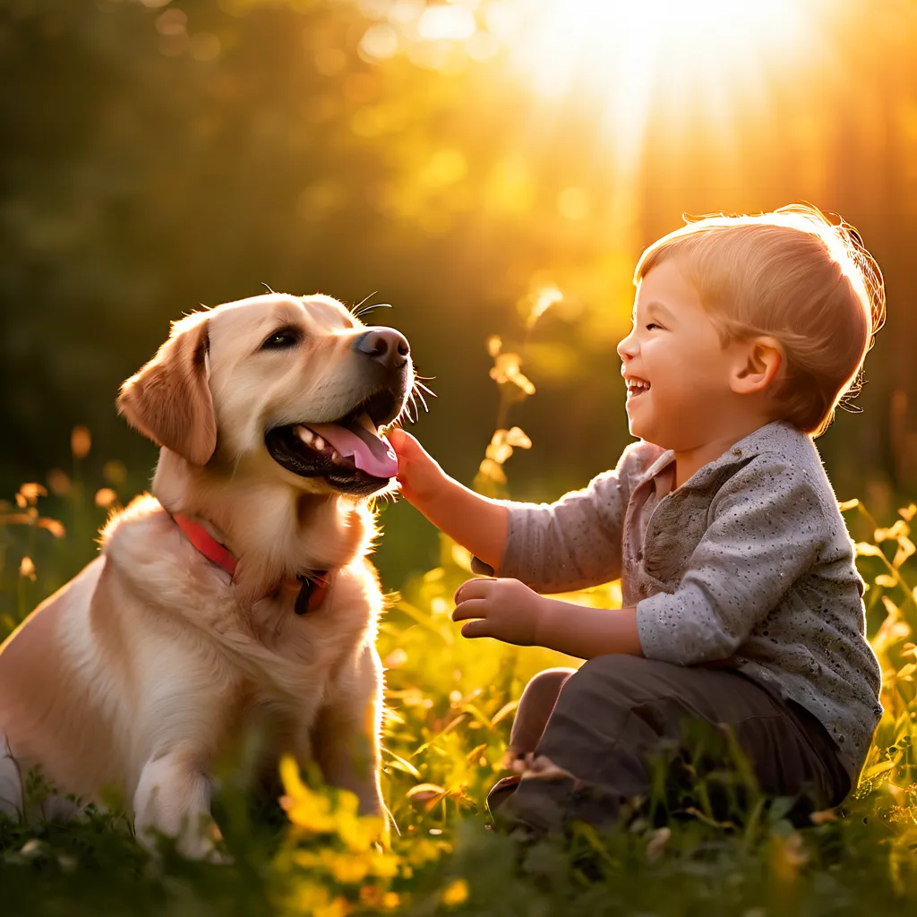 Labrador Retriever playing with a child