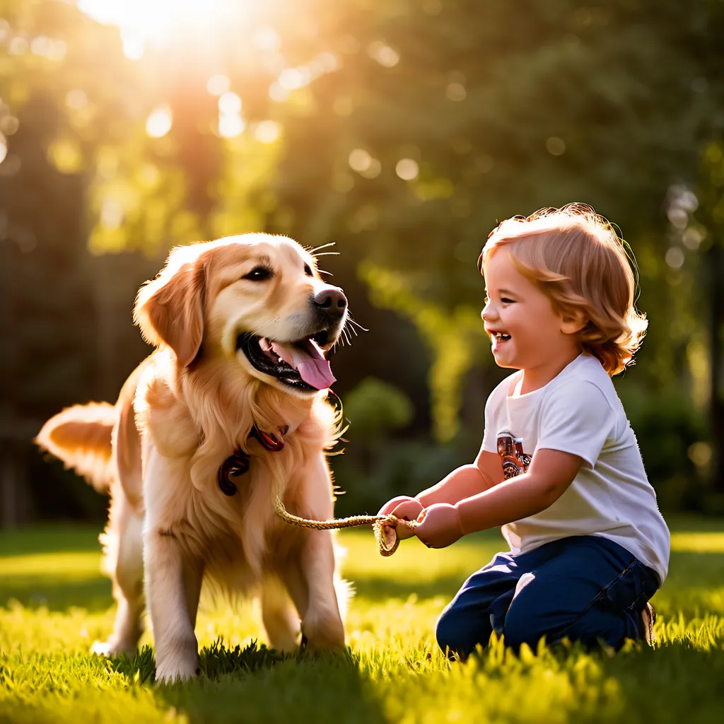 Golden Retriever playing with a child