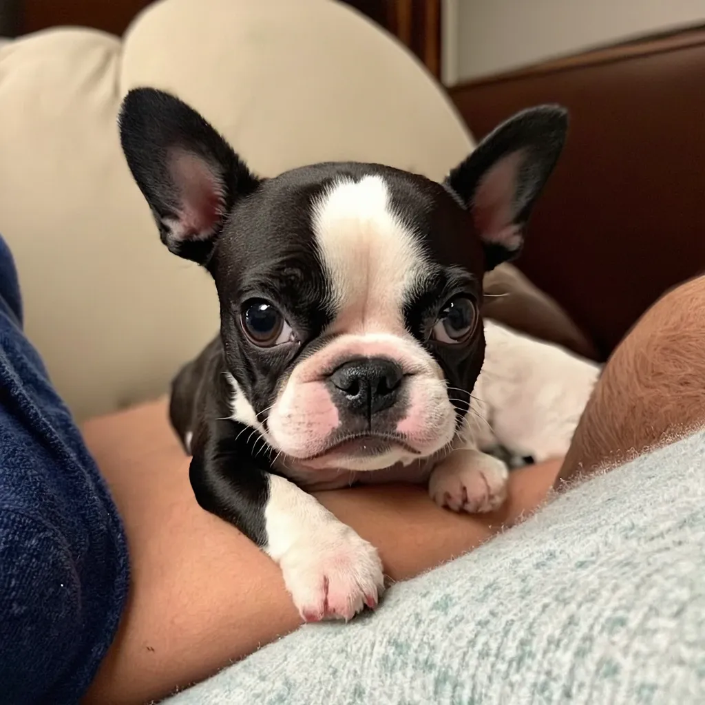 Boston Terrier sitting on its owner's lap