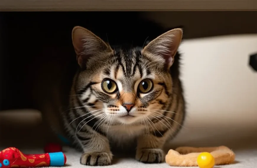 A scared cat hiding under a bed