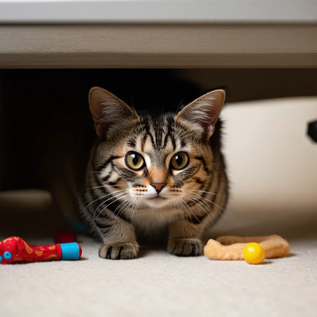 A scared cat hiding under a bed