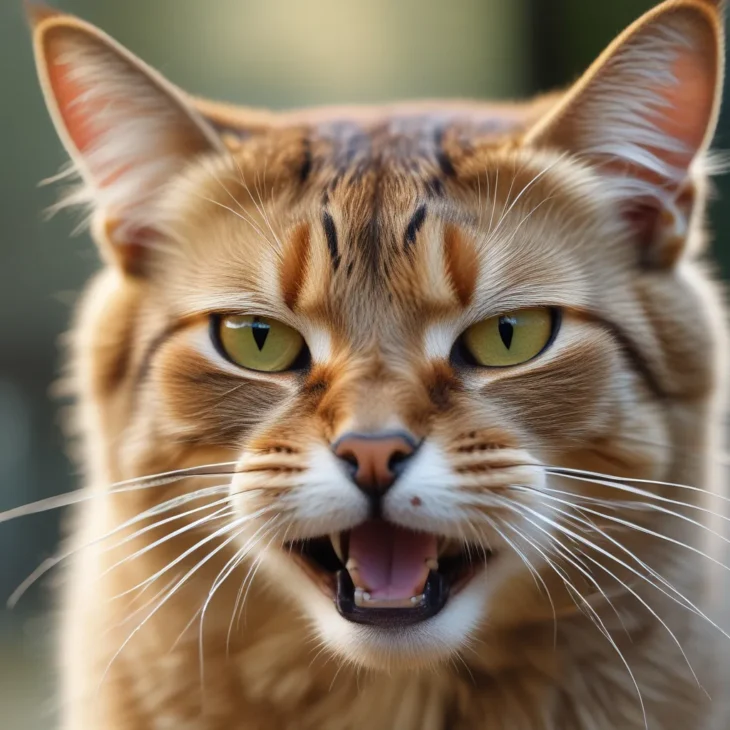 A photo of a cat hissing or growling, with a caption below