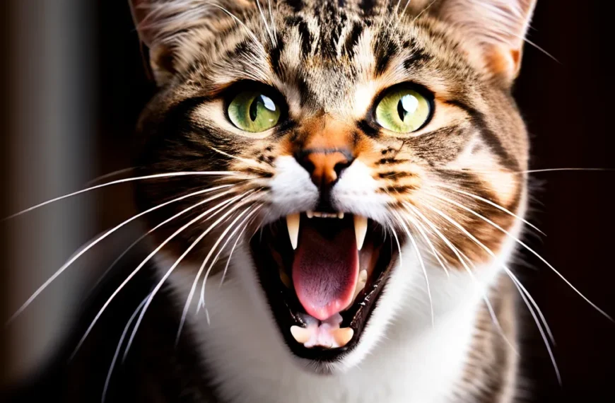 A photo of a cat hissing or growling, with a caption below