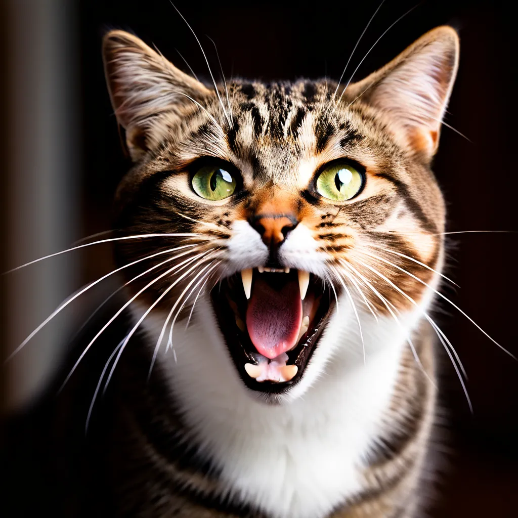 A photo of a cat hissing or growling, with a caption below