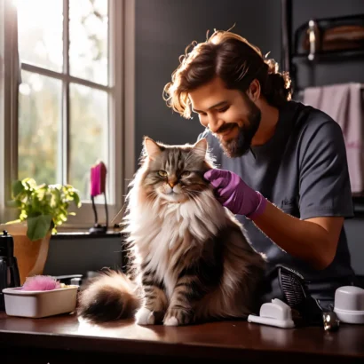 Cat grooming session