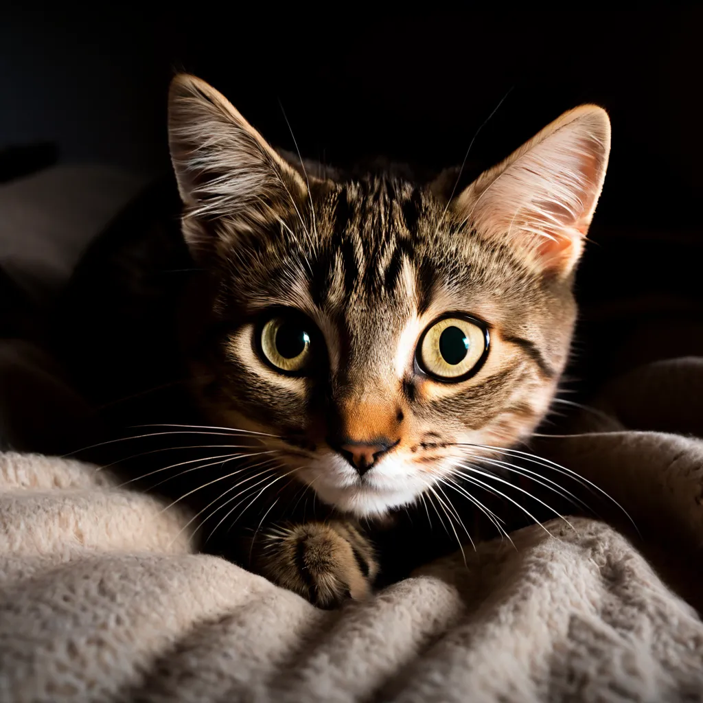 A scared cat hiding under a bed