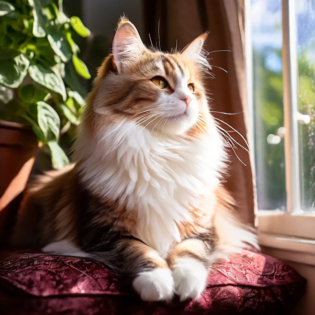 A well-groomed cat lounging in a sunny spot