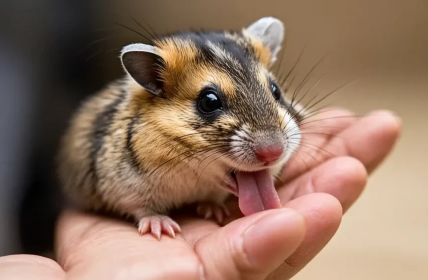 Hamster licking owner's hand