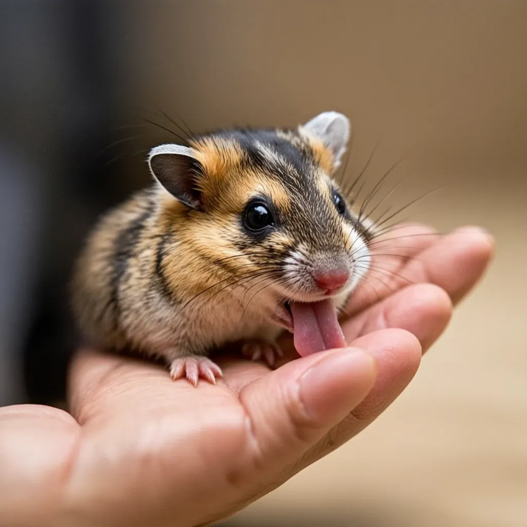 Hamster licking owner's hand